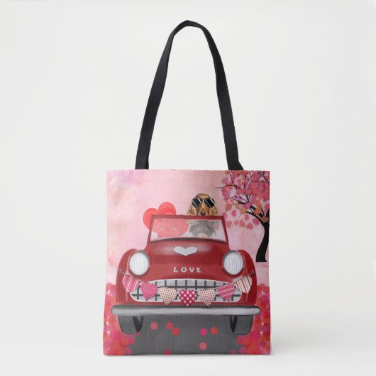 Cocker Spaniel Rijdt Auto met Hartjes Valentijnsda Tote Bag (Voorkant)