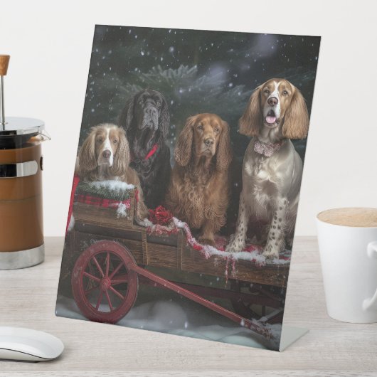 Cocker Spaniel Sneeuwkerstslade Kerstmis Decoratie Reclamebord Met Voetstuk (Insitu)