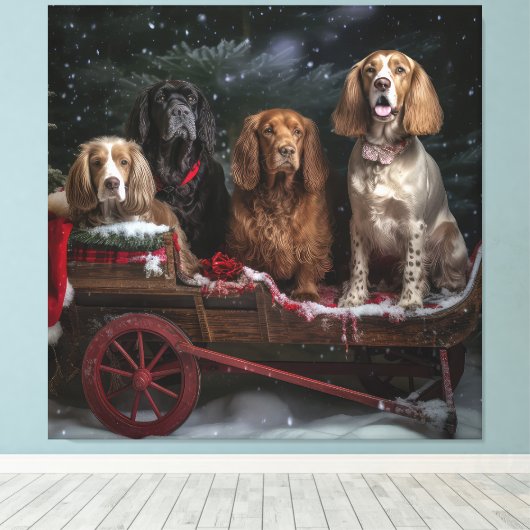 Cocker Spaniel Sneeuwslee Kerstdecoratie Canvas Afdruk (Insitu (Houten vloer))