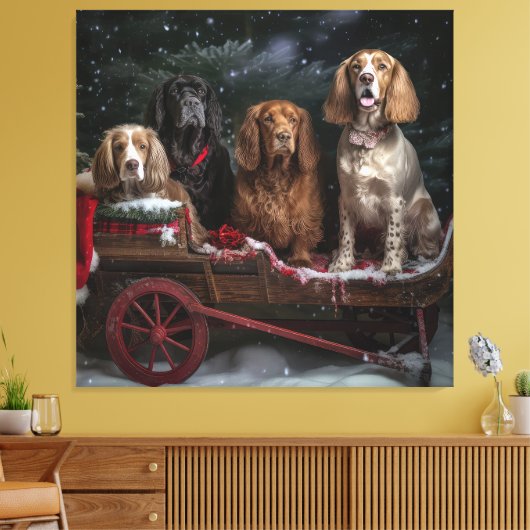 Cocker Spaniel Sneeuwslee Kerstdecoratie Canvas Afdruk (Insitu (Woonkamer))