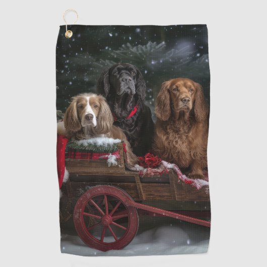Cocker Spaniel Sneeuwslee Kerstdecoratie Golfhanddoek (Voorkant)