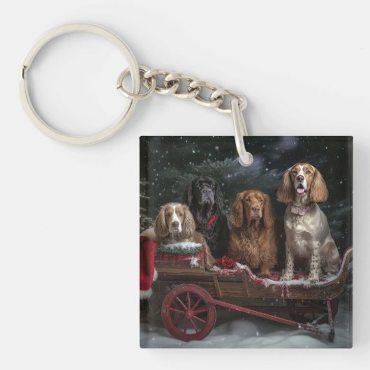 Cocker Spaniel Sneeuwslee Kerstdecoratie Sleutelhanger (Voorkant)