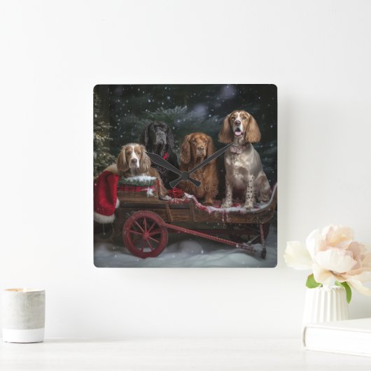 Cocker Spaniel Sneeuwslee Kerstdecoratie Vierkante Klok (Huis)