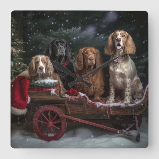 Cocker Spaniel Sneeuwslee Kerstdecoratie Vierkante Klok (Voorkant)