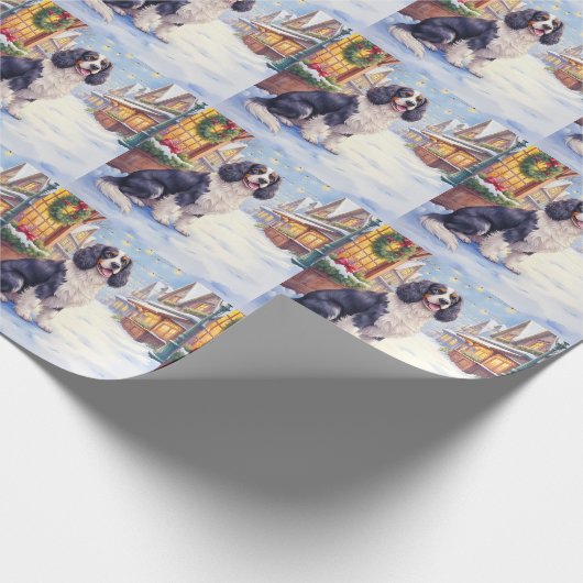 Cocker Spaniel Snowy Village Christmas Art Cadeaupapier (Hoek)