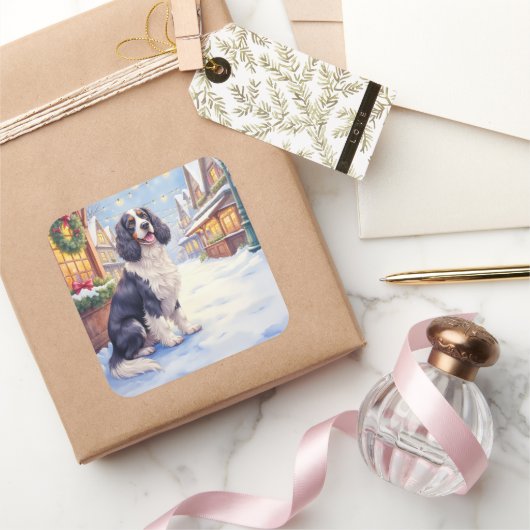 Cocker Spaniel Snowy Village Christmas Art Vierkante Sticker (Geschenken)
