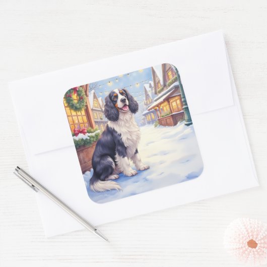Cocker Spaniel Snowy Village Christmas Art Vierkante Sticker (Envelop)