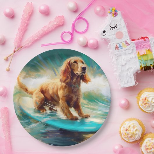 Cocker Spaniel Strand Surfen Schilderij Papieren Bordje (Feest)