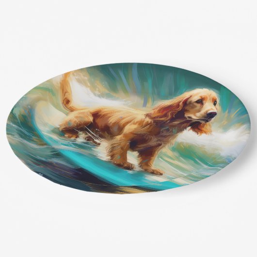 Cocker Spaniel Strand Surfen Schilderij Papieren Bordje (Gekanteld)