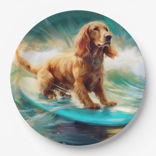 Cocker Spaniel Strand Surfen Schilderij Papieren Bordje (Voorkant)