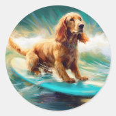 Cocker Spaniel Strand Surfen Schilderij Ronde Sticker (Voorkant)