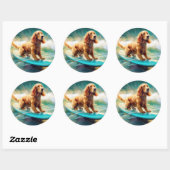 Cocker Spaniel Strand Surfen Schilderij Ronde Sticker (Vel)