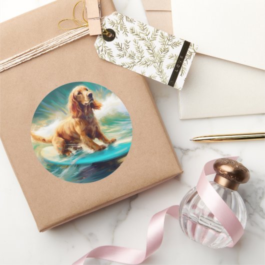 Cocker Spaniel Strand Surfen Schilderij Ronde Sticker (Geschenken)
