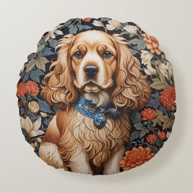 Cocker Spaniel William Morris geïnspireerd Floral Rond Kussen (Voorkant)