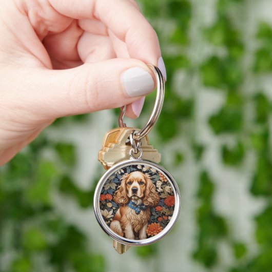 Cocker Spaniel William Morris geïnspireerd Floral Sleutelhanger (Hand)