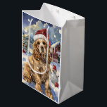 Cocker Spaniel Winter Wonderland Christmas Joy Medium Cadeauzakje<br><div class="desc">Dit feestelijke ontwerp vangt de vrolijke sfeer van het vakantieseizoen, met een schattige pup die een kerstmuts draagt. De hond is genesteld in een winterwonderland, compleet met een sneeuwpop, een versierde kerstboom en prachtig ingepakte cadeaus. Sneeuwvlokken herfsten zachtjes en voegen een magische toets toe aan het tafereel, terwijl de levendige...</div>