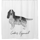 Cockerspaniel in zwart-wit- en aangepaste tekst douchegordijn (Voorkant)