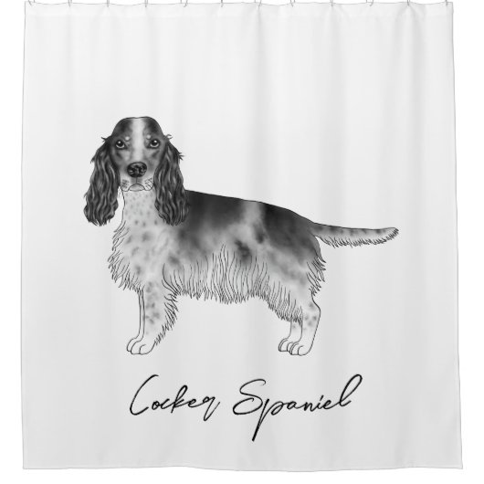 Cockerspaniel in zwart-wit- en aangepaste tekst douchegordijn (Voorkant)