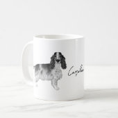 Cockerspaniel in zwart-wit- en aangepaste tekst koffiemok (Voorkant links)