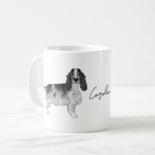 Cockerspaniel in zwart-wit- en aangepaste tekst koffiemok (Voorkant links)
