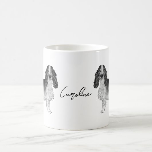 Cockerspaniel in zwart-wit- en aangepaste tekst koffiemok (Center)