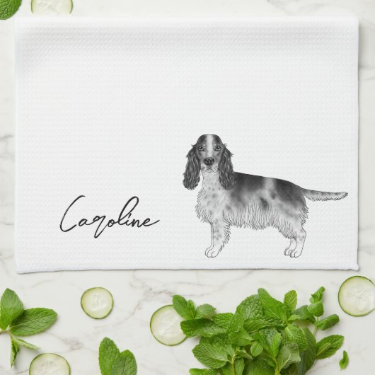 Cockerspaniel in zwart-wit- en aangepaste tekst theedoek (Gevouwen)