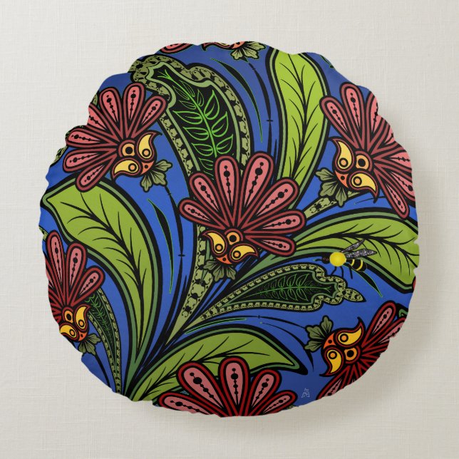 Cockscomb en BumbleBee Levendig Blauw, Groen, Roos Rond Kussen (Voorkant)