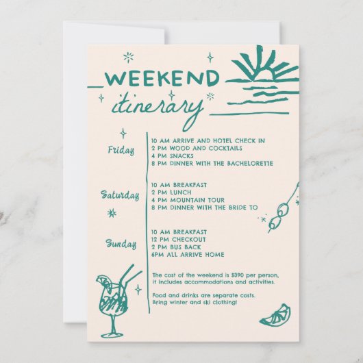 Cocktail Bachelorette Weekend Reisschema Party Kaart (Achterkant)
