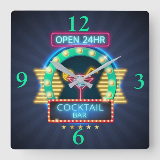 Cocktail Bar Neon Sign Square Wall klok (Voorkant)