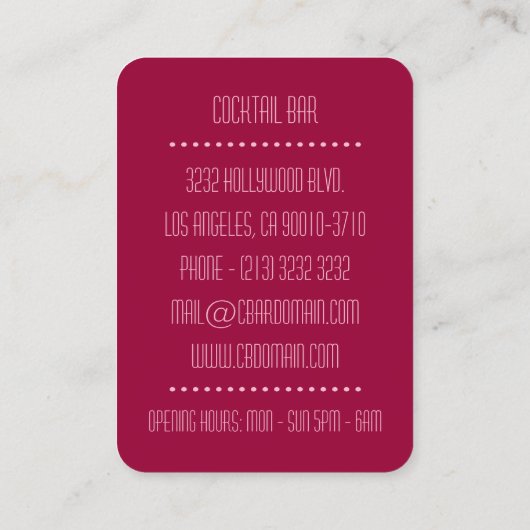 Cocktail Bar Nightclub Bartender Visitekaartje (Achterkant)