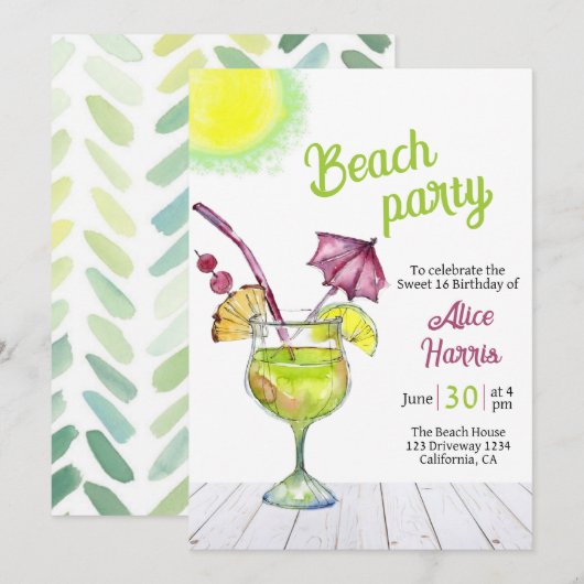 Cocktail Beach party zoet 16 Uitnodiging (Voorkant / Achterkant)