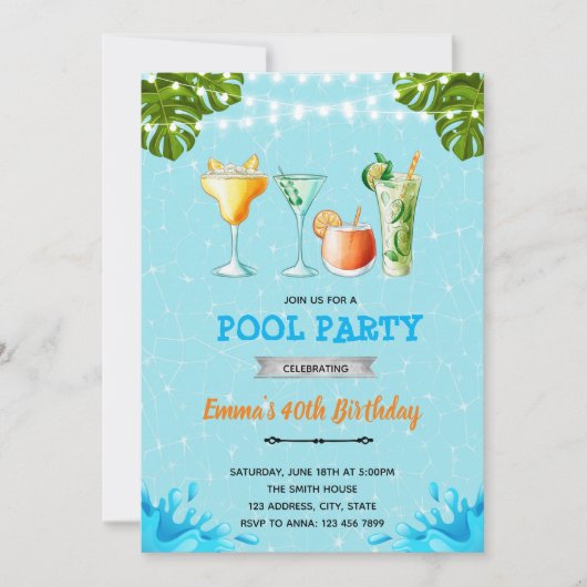 Cocktail bij het zwembad feest uitnodiging (Voorkant)