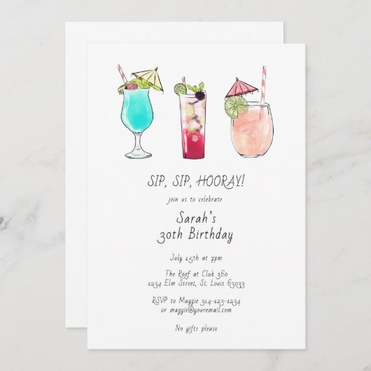 Cocktail Birthday Party Kaart (Voorkant / Achterkant)