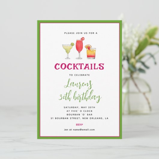 Cocktail Birthday-uitnodiging Aankondiging (Staand voorkant)