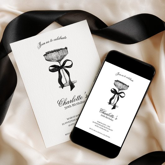 Cocktail & Bow 30th Birthday Invitation Kaart