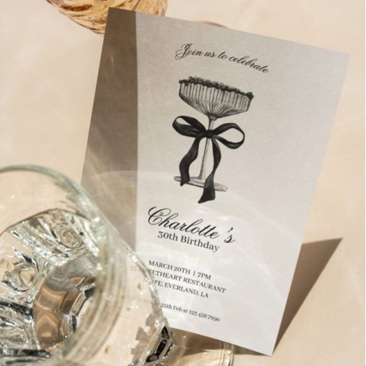 Cocktail & Bow 30th Birthday Invitation Kaart
