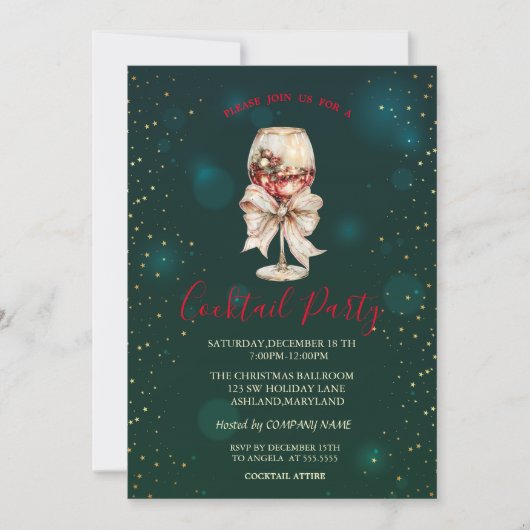  Cocktail Bow Stars Green Christmas Party  Kaart (Voorkant)
