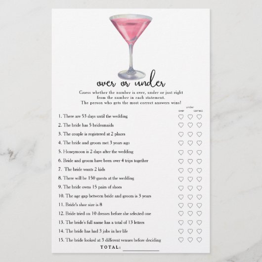 Cocktail Bridal shower Over or under game (Voorkant)