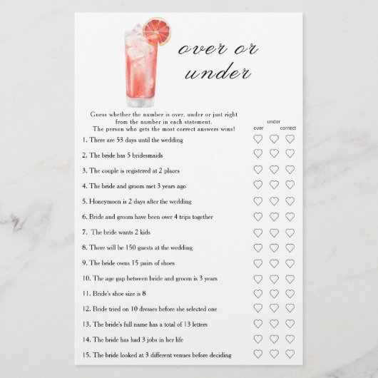 Cocktail Bridal shower - Over or under game (Voorkant)