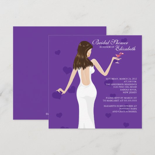 Cocktail Bride Bridal Shower Invitation Paars Kaart (Voorkant / Achterkant)