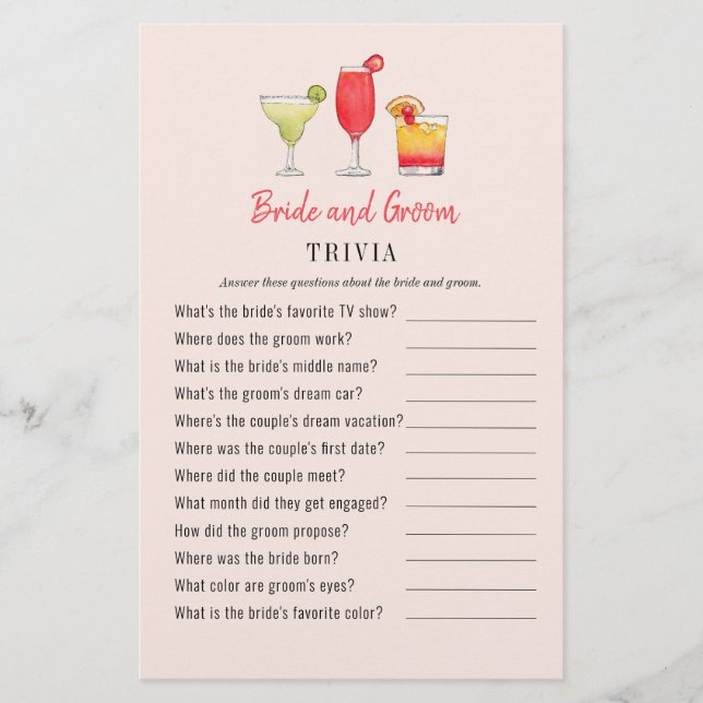 Cocktail Bride en Groom douche Trivia games (Voorkant)