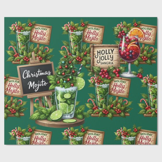 Cocktail Christmas Party with Drinks on Green Cadeaupapier (Vlak)