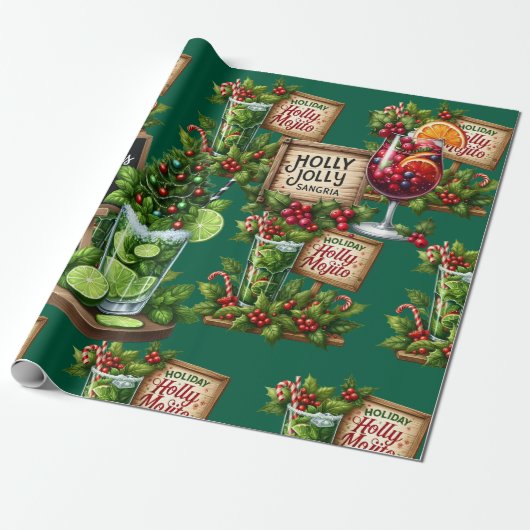 Cocktail Christmas Party with Drinks on Green Cadeaupapier (Uitgerold)