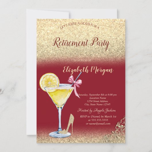 Cocktail Citroen Goud Glitter Rood Pensioen Kaart (Voorkant)