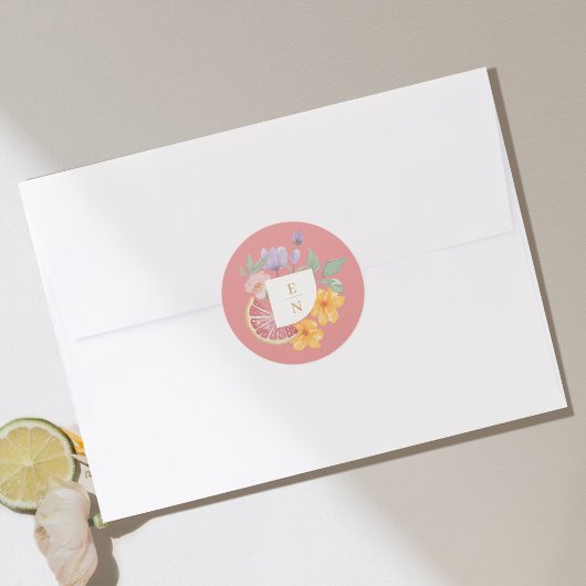 Cocktail Citrus Waterverf Floral Wedding Monogram Ronde Sticker