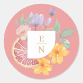 Cocktail Citrus Waterverf Floral Wedding Monogram Ronde Sticker (Voorkant)