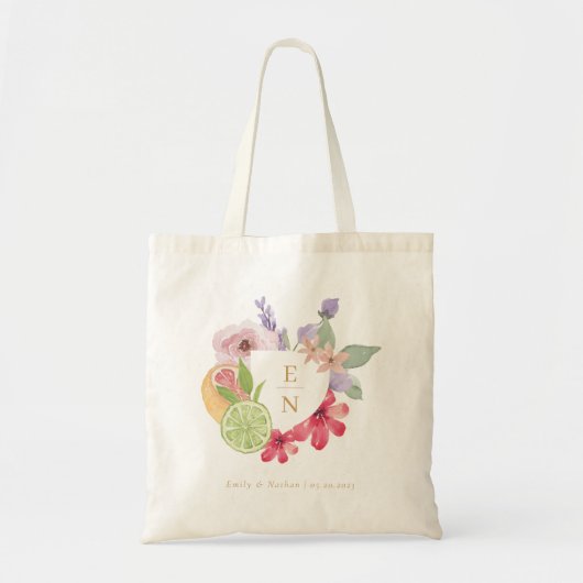 Cocktail Citrus Waterverf Floral Wedding Monogram Tote Bag (Voorkant)