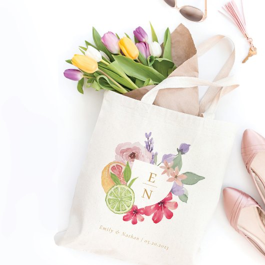 Cocktail Citrus Waterverf Floral Wedding Monogram Tote Bag