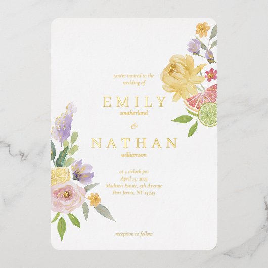 Cocktail Citrus Wedding Waterverf Floral Paradise Folie Uitnodiging (Voorkant)