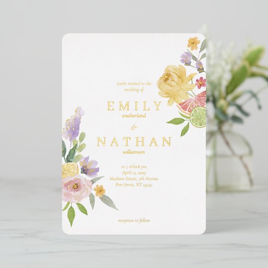 Cocktail Citrus Wedding Waterverf Floral Paradise Folie Uitnodiging (Staand Voorkant)